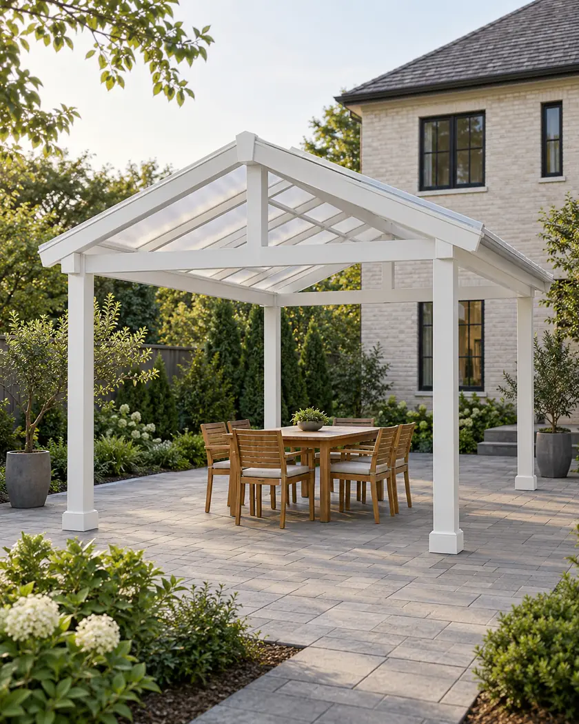 Illustration of a freestanding white aluminum gable patio cover over gray courtyard pavers with a pale brick home behind