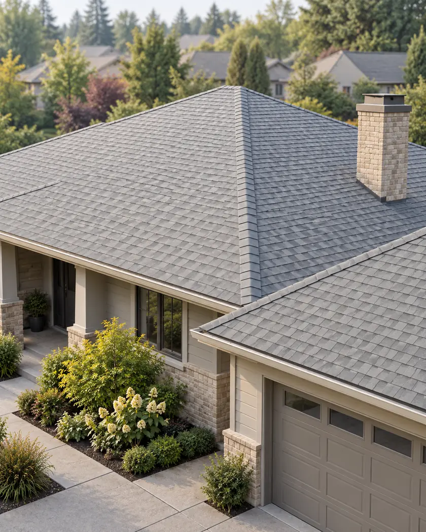 Illustration of a pale gray hip-shingle roof with a valley, lower garage roof and sand-brick chimney
