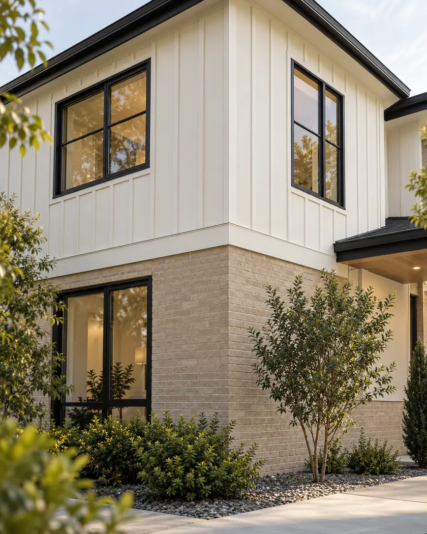 Illustration of warm white vertical board-and-batten siding above sand brick with dark windows and a gravel planting strip
