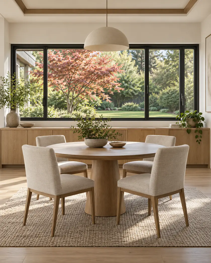 Illustration of a warm white dining room with broad black-framed windows above oak cabinetry