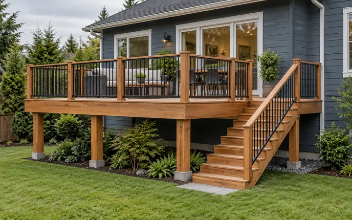 Illustration of a raised cedar deck on timber posts with black guards and a straight stair