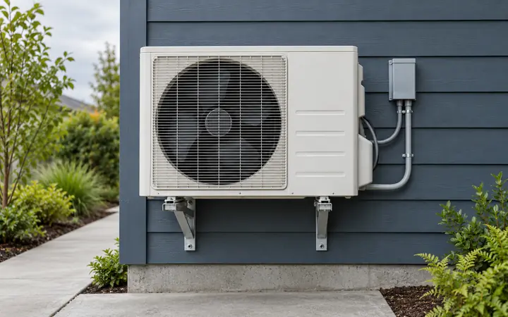 Illustration of a white single-fan outdoor heat pump on a wall bracket above a concrete path