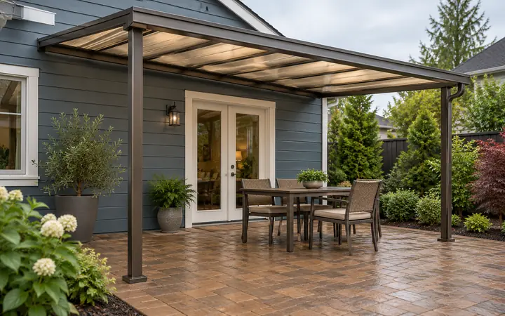 Illustration of a bronze aluminum shed cover over brown pavers beside a slate-blue cottage
