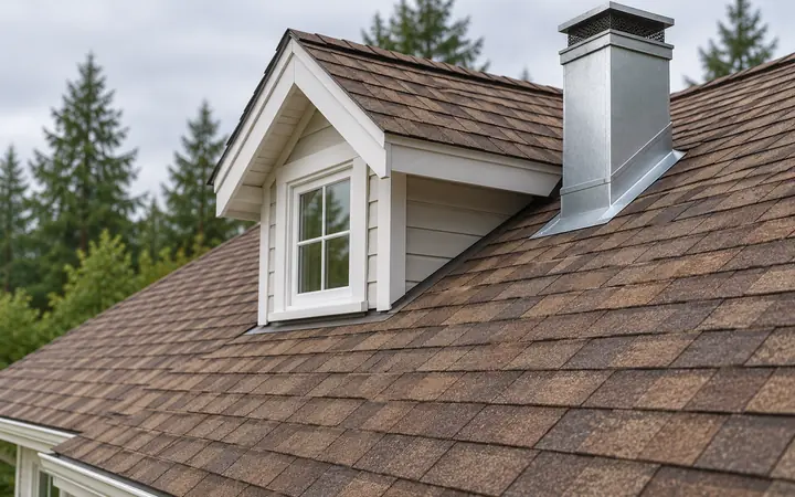 Illustration of a brown shingle roof with a white-trimmed dormer and silver chimney flashing