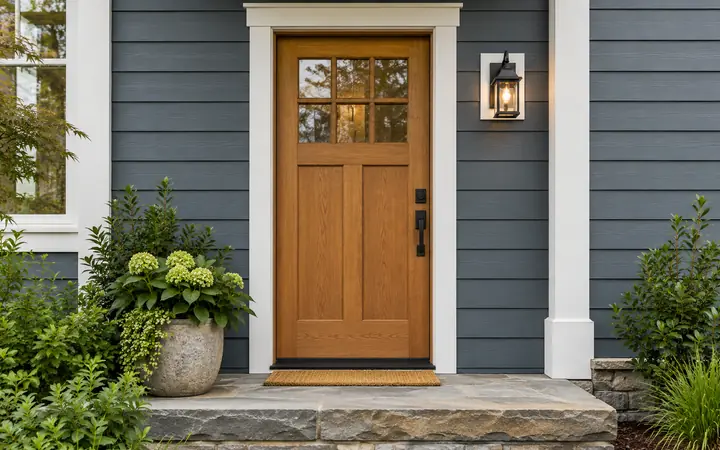 Illustration of slate-blue lap siding, white trim and an oak door with a porch-light mounting block