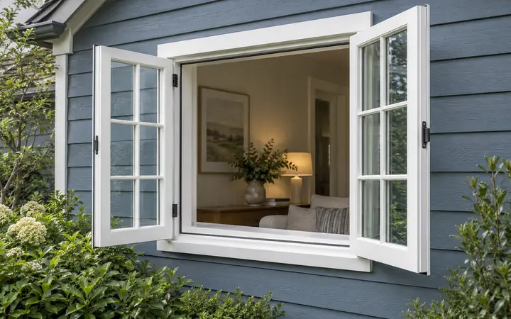 Illustration of an open white casement window in slate-blue siding with low shrubs below