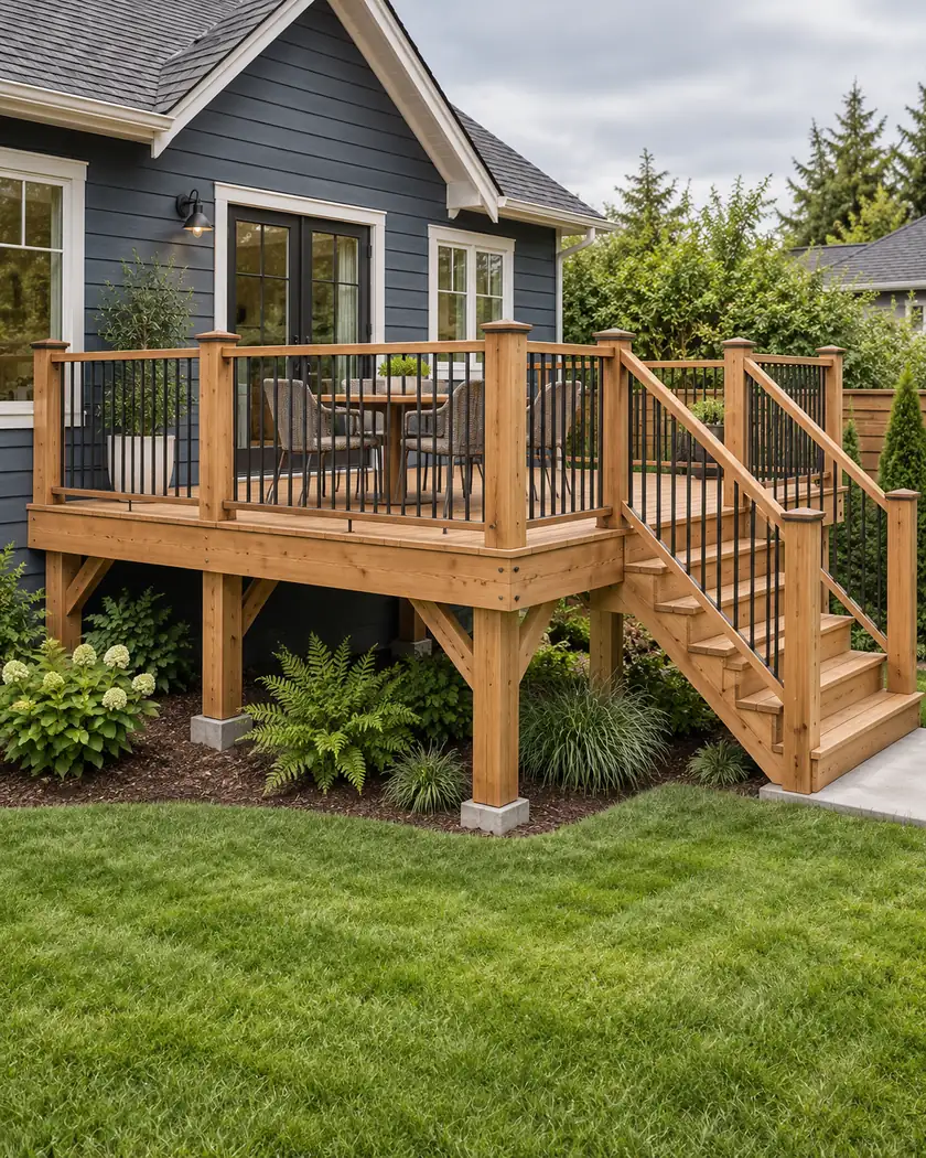 Illustration of a raised cedar deck on visible timber posts with black vertical guards and a straight stair to lawn