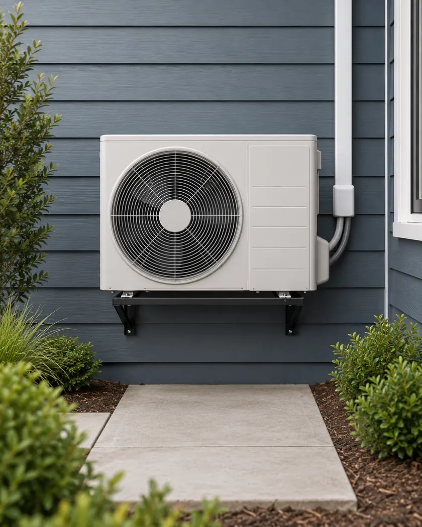 Illustration of a white single-fan outdoor heat pump on a black wall bracket beside slate-blue siding