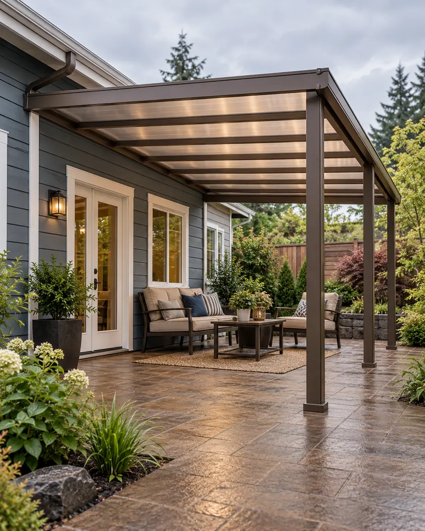 Illustration of a bronze aluminum shed cover over warm brown pavers beside a slate-blue cottage