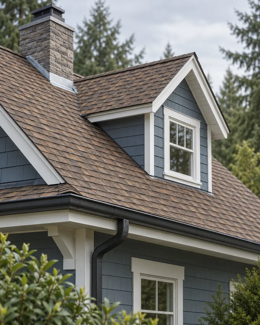 Illustration of a slate-blue cottage with a brown shingle roof, small dormer and silver chimney flashing