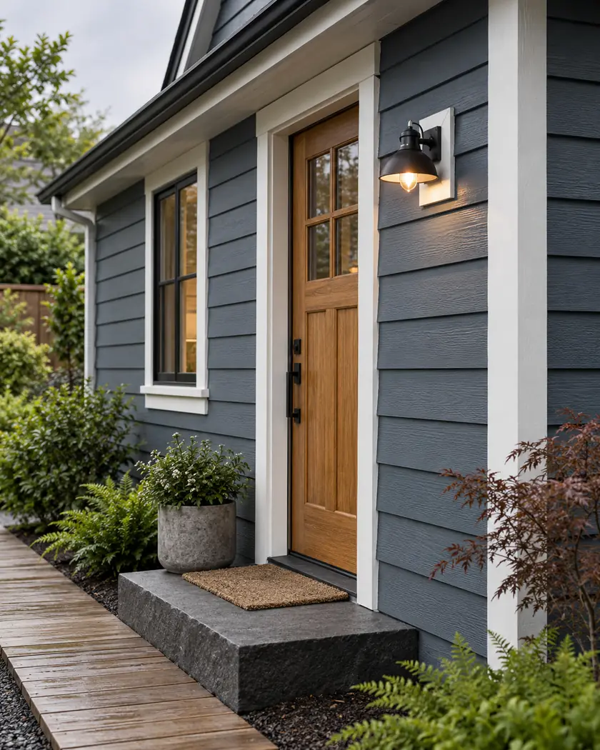 Illustration of slate-blue lap siding, white corner trim and an oak side door with a porch-light mounting block