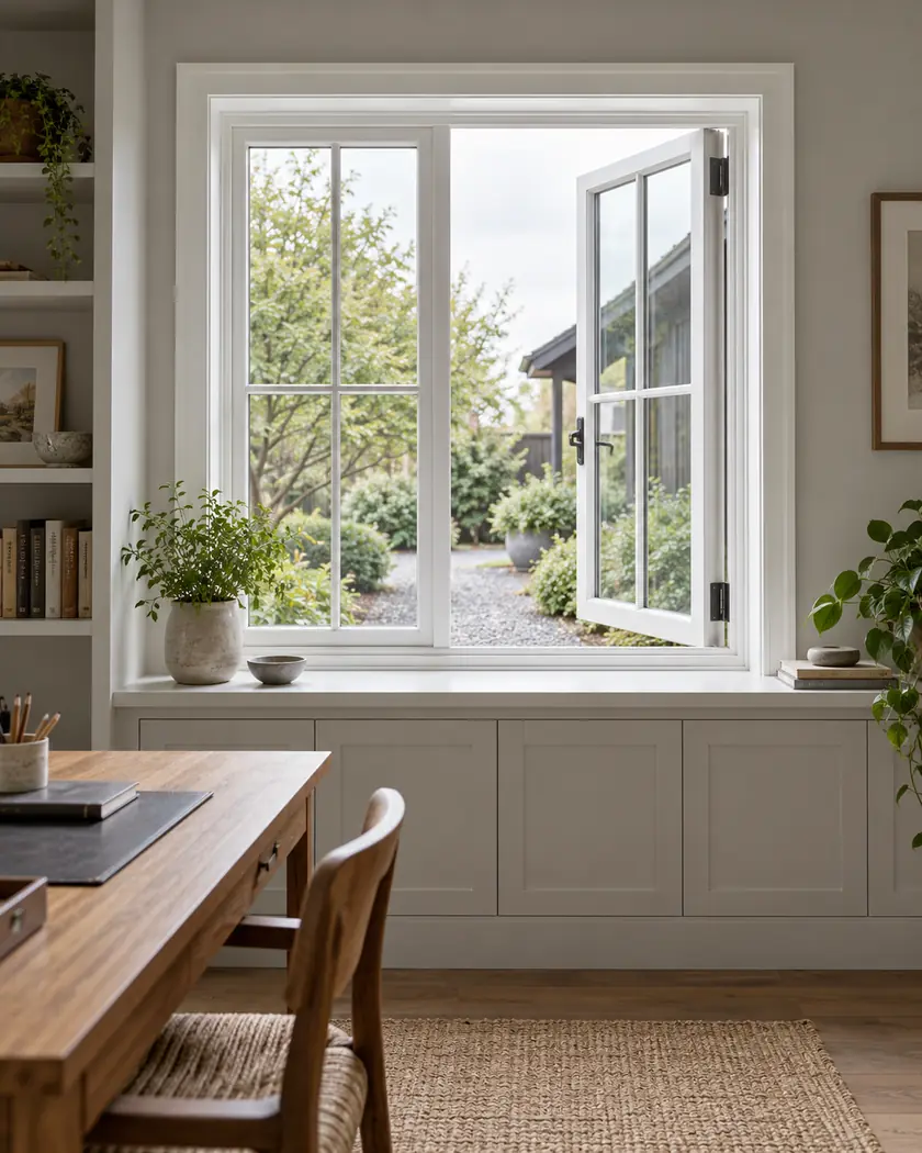 Illustration of an open white casement window above a deep sill in a pale gray study