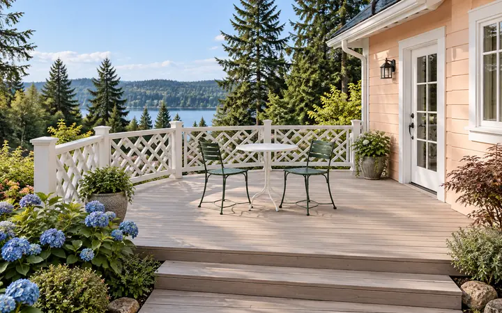 Driftwood-colored deck with white cross-pattern rails, green metal bistro chairs and a small white round table.