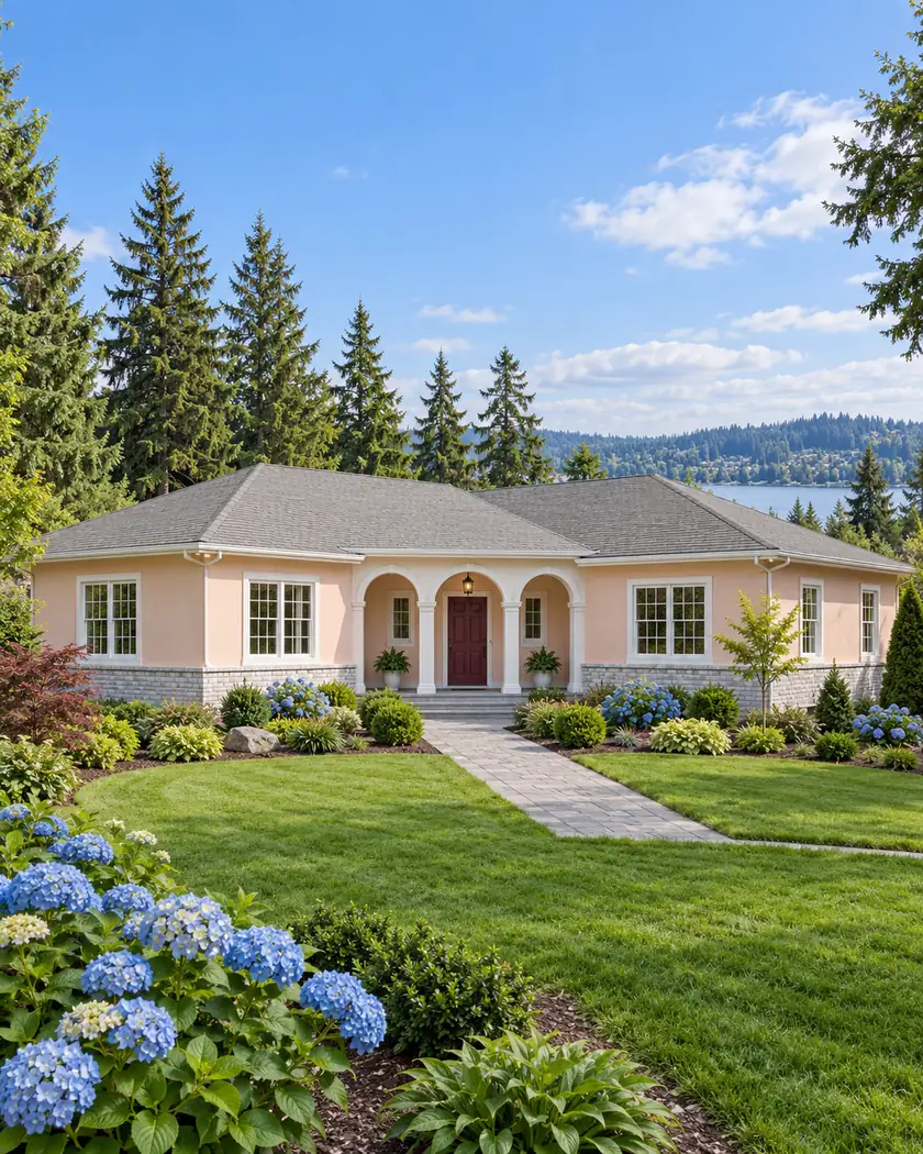 Pale-peach ranch with a gray hip roof, three white entry arches, white windows and a gray paver path.