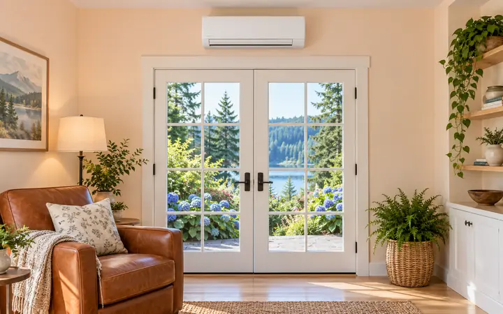 Slim white wall-mounted indoor HVAC head above white French doors in a peach room with a copper armchair.