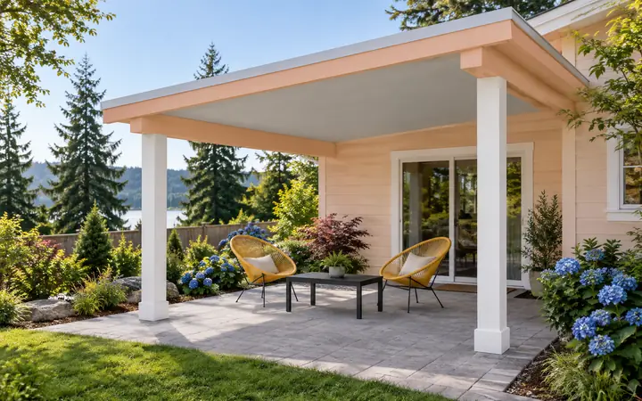 Attached peach-beam patio cover with white front posts and an opaque gray shed roof above yellow chairs.