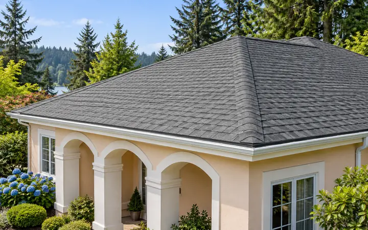 Gray asphalt hip roof above white entry arches and pale-peach cottage walls.