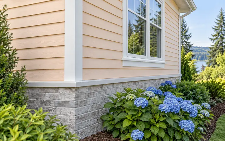 Peach horizontal lap siding with white corner trim above a light-gray brick base and blue hydrangeas.