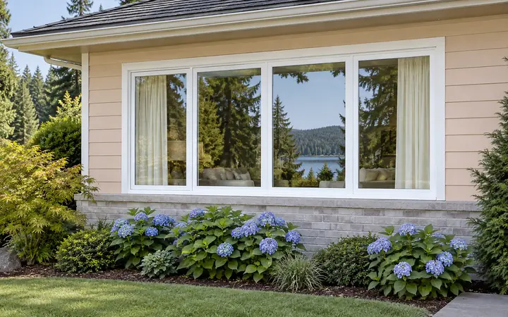 Wide white rectangular four-part window with pale curtains above blue hydrangeas in a peach wall.