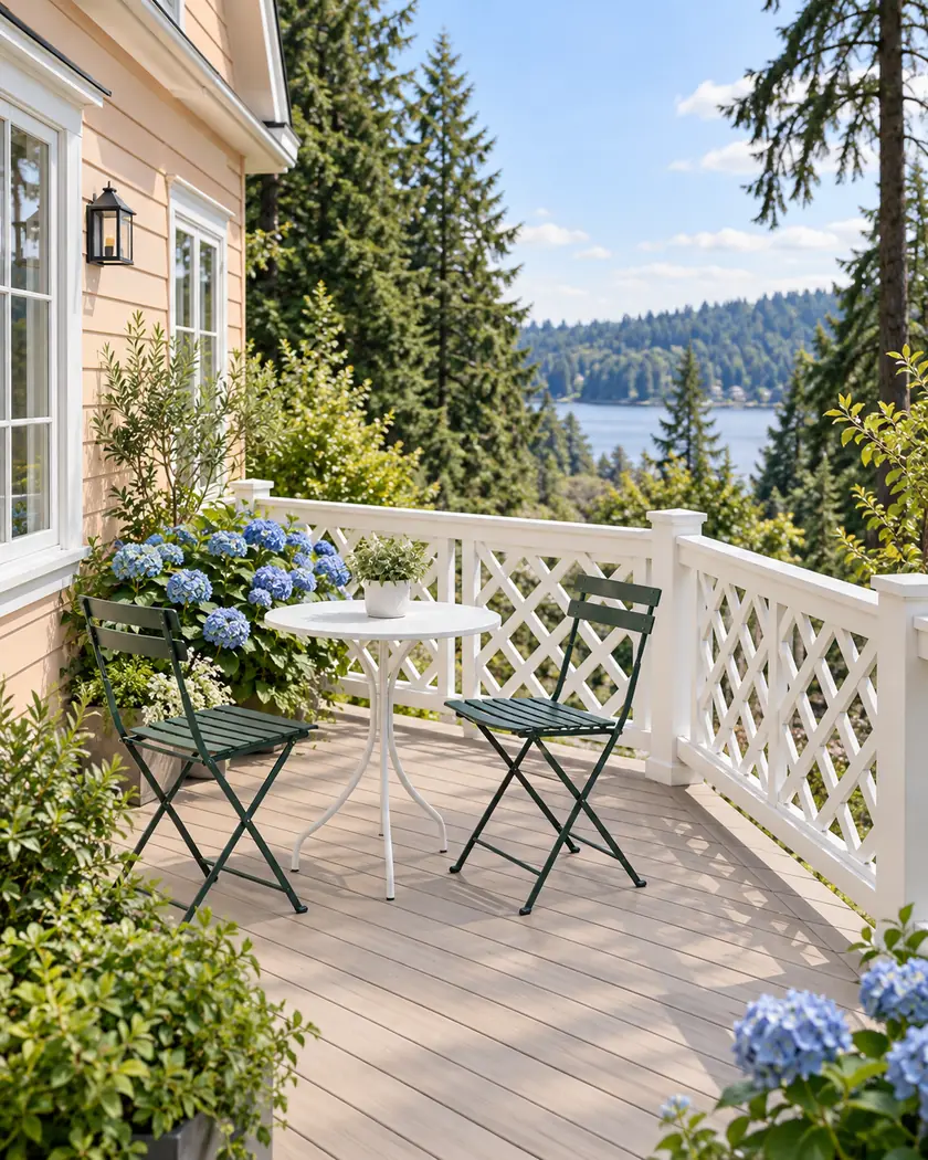 Driftwood-colored deck with white cross-pattern rails, green metal bistro chairs and a small white round table.