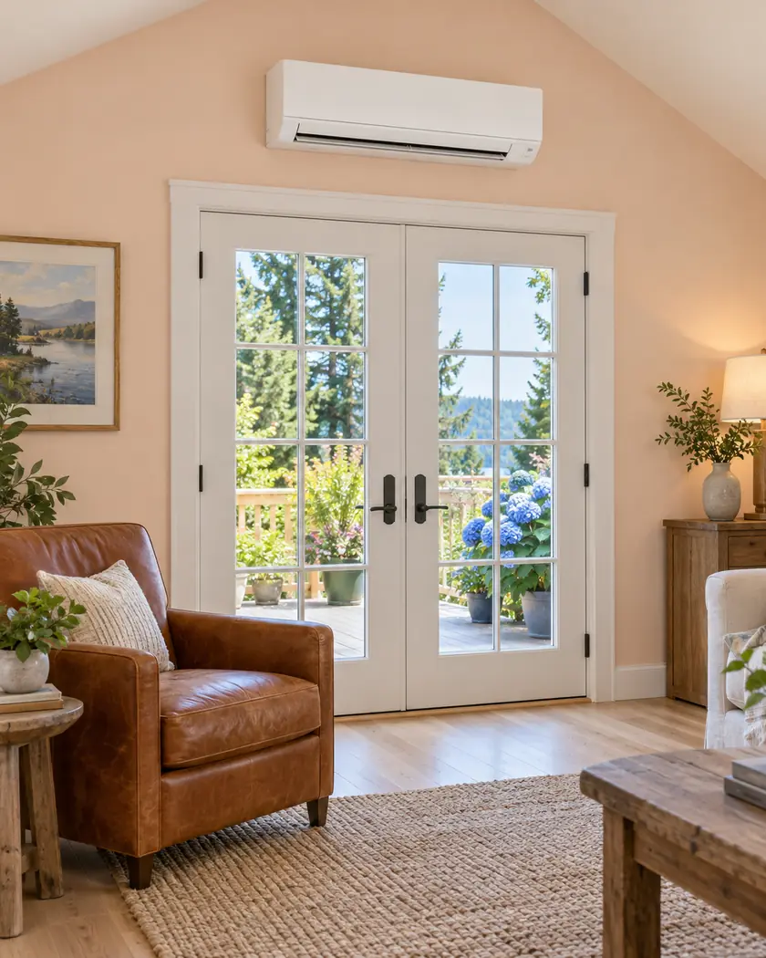Slim white wall-mounted indoor HVAC head above white French doors in a peach room with a copper armchair.