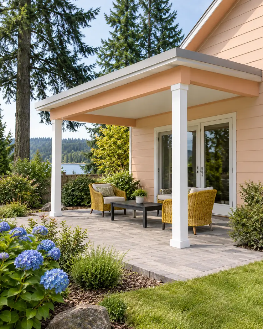 Attached peach-beam patio cover with white front posts and an opaque gray shed roof above yellow chairs.