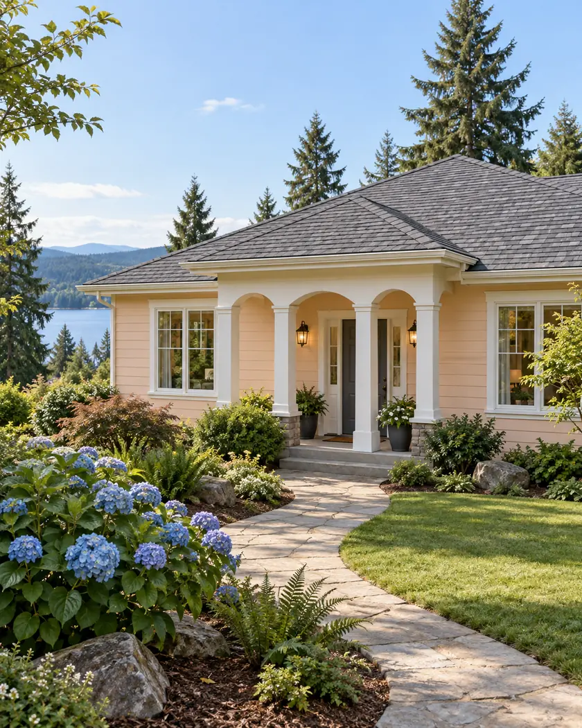 Gray asphalt hip roof above white entry arches and pale-peach cottage walls.