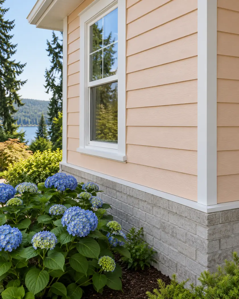Peach horizontal lap siding with white corner trim above a light-gray brick base and blue hydrangeas.