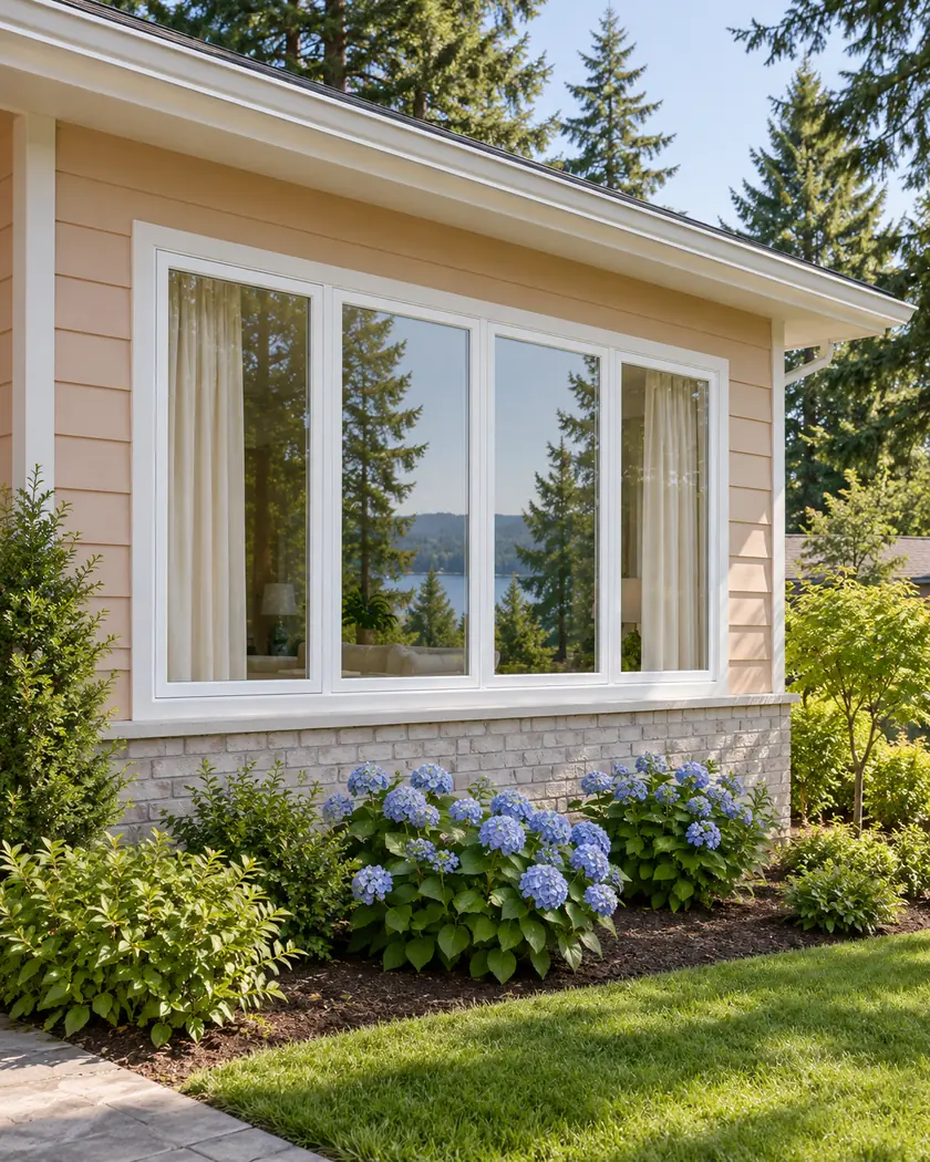Wide white rectangular four-part window with pale curtains above blue hydrangeas in a peach wall.