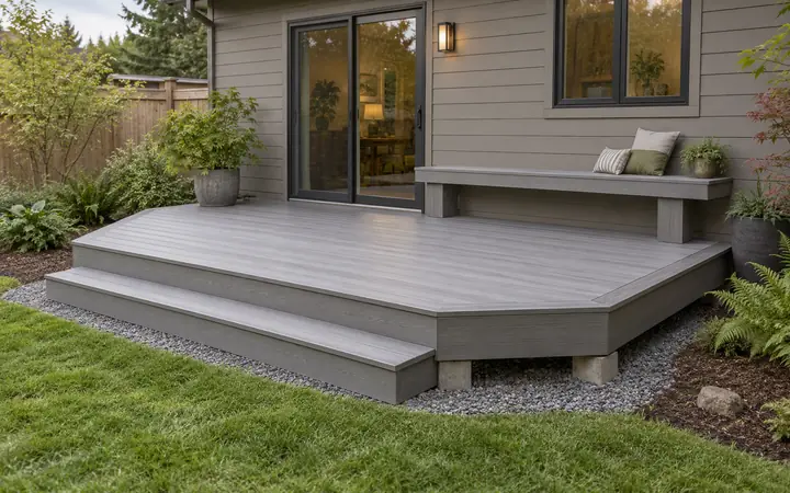 Illustration of a low light-gray composite deck with an angled corner and built-in bench