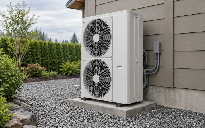 Illustration of a tall white heat pump with two vertically stacked fans on a concrete pad