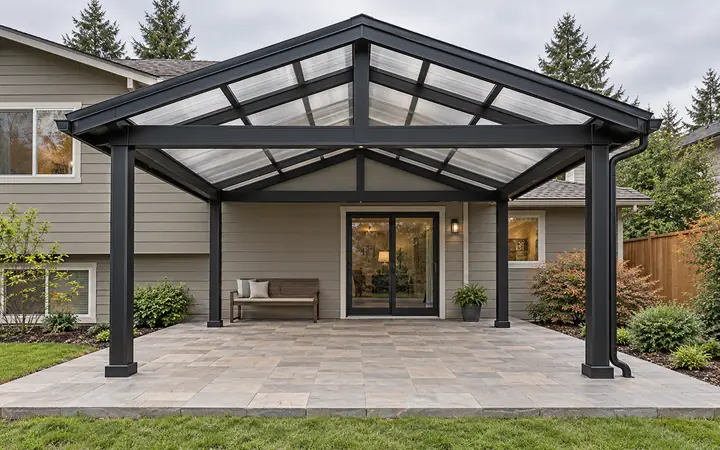 Illustration of a black aluminum gable cover with translucent roof panels over pale stone paving