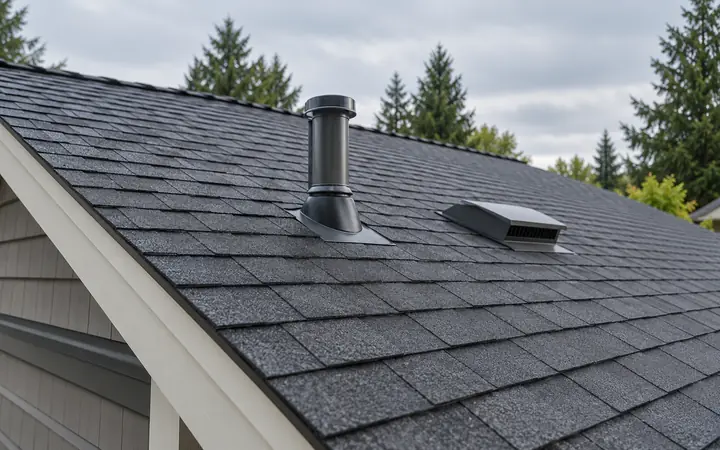 Illustration of graphite roof shingles with a metal vent boot and a low ventilation hood