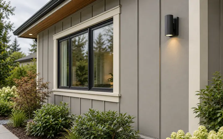 Illustration of warm-gray fiber-cement panels with cream window returns and a black wall light