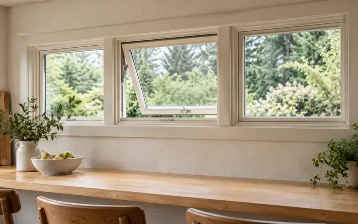 Illustration of cream-framed horizontal windows above a maple breakfast ledge