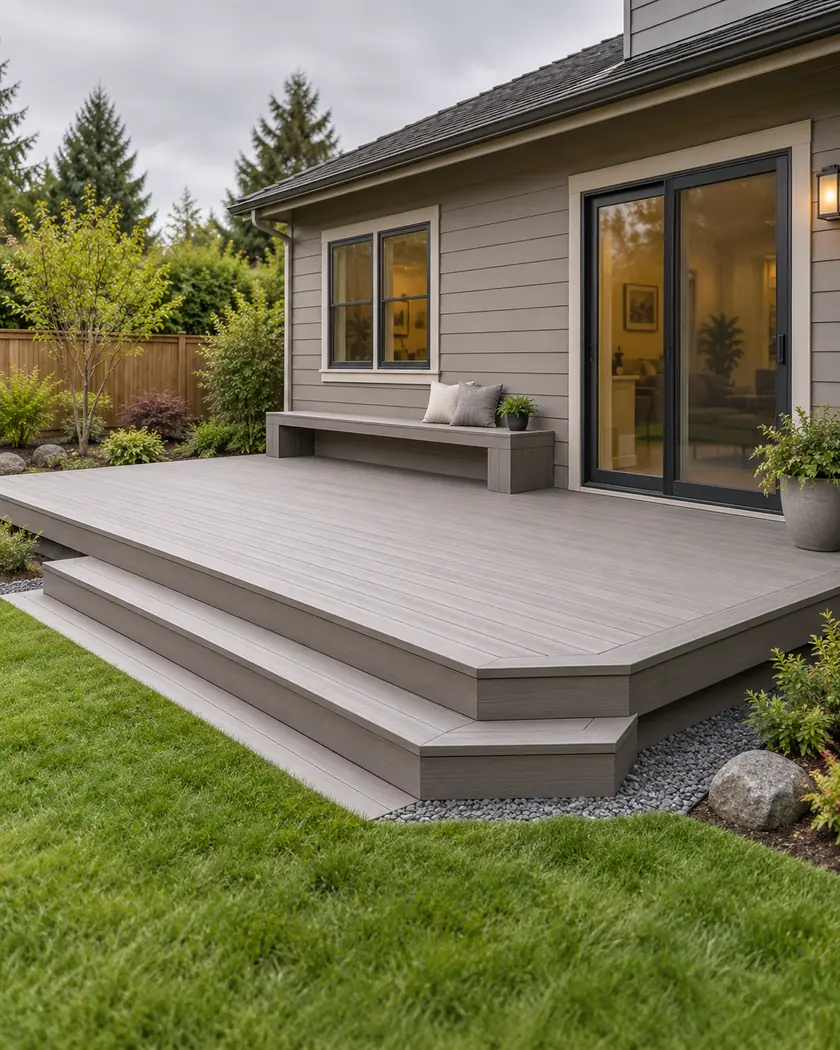 Illustration of a low light-gray composite deck with an angled corner, built-in bench and broad steps to lawn