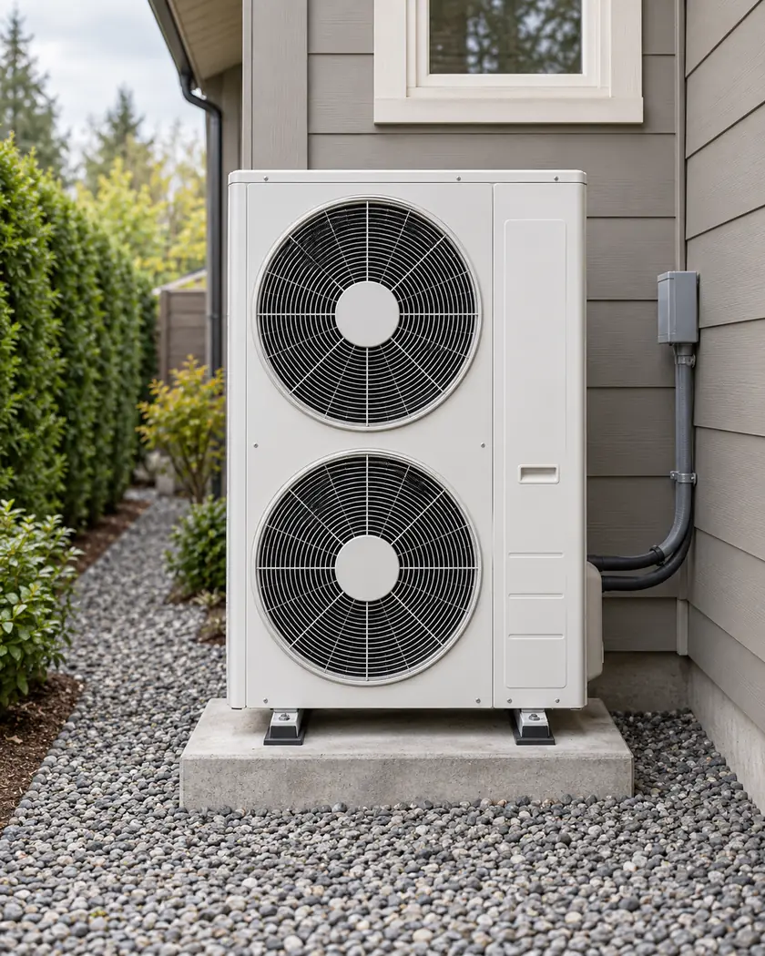 Illustration of a tall white heat pump with two vertically stacked fans on a concrete pad beside warm-gray siding