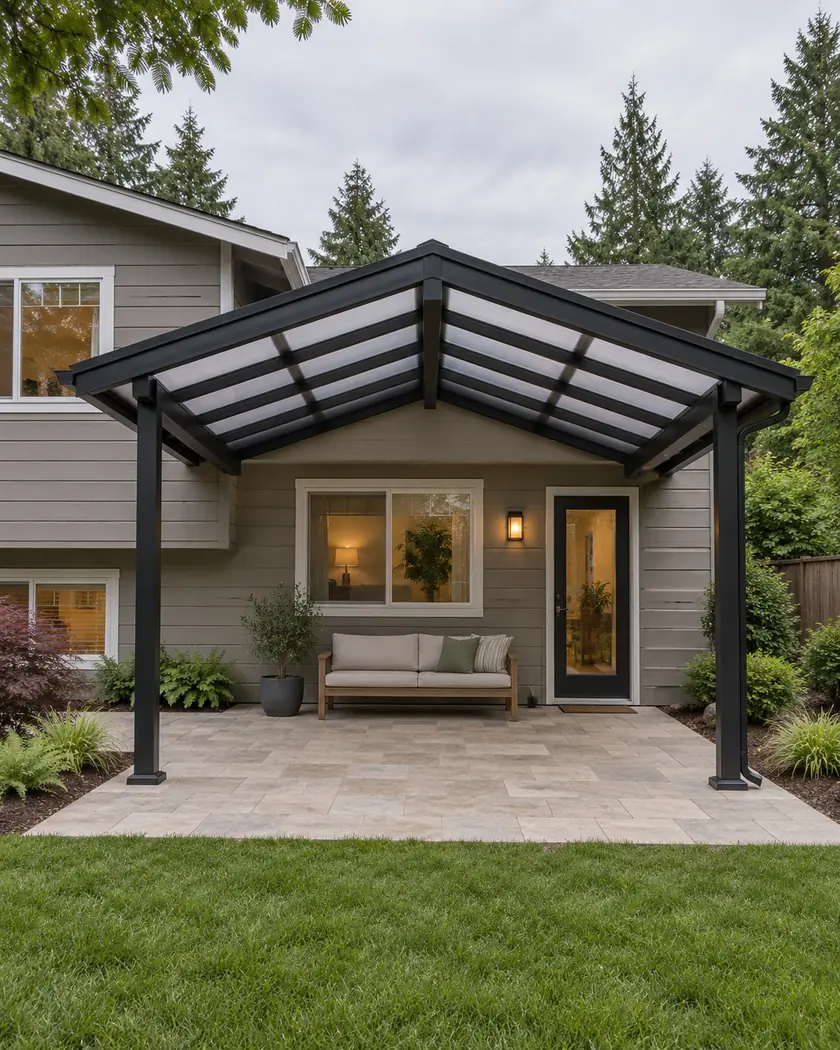 Illustration of a black aluminum gable patio cover with translucent panels and a gutter over pale paving