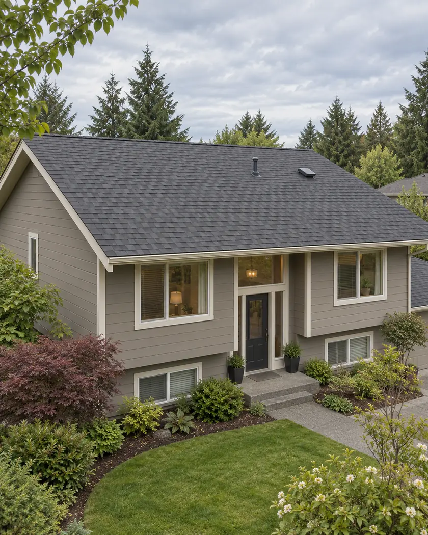 Illustration of a warm-gray split-entry home with a graphite-shingle gable roof, plumbing vent and ventilation hood