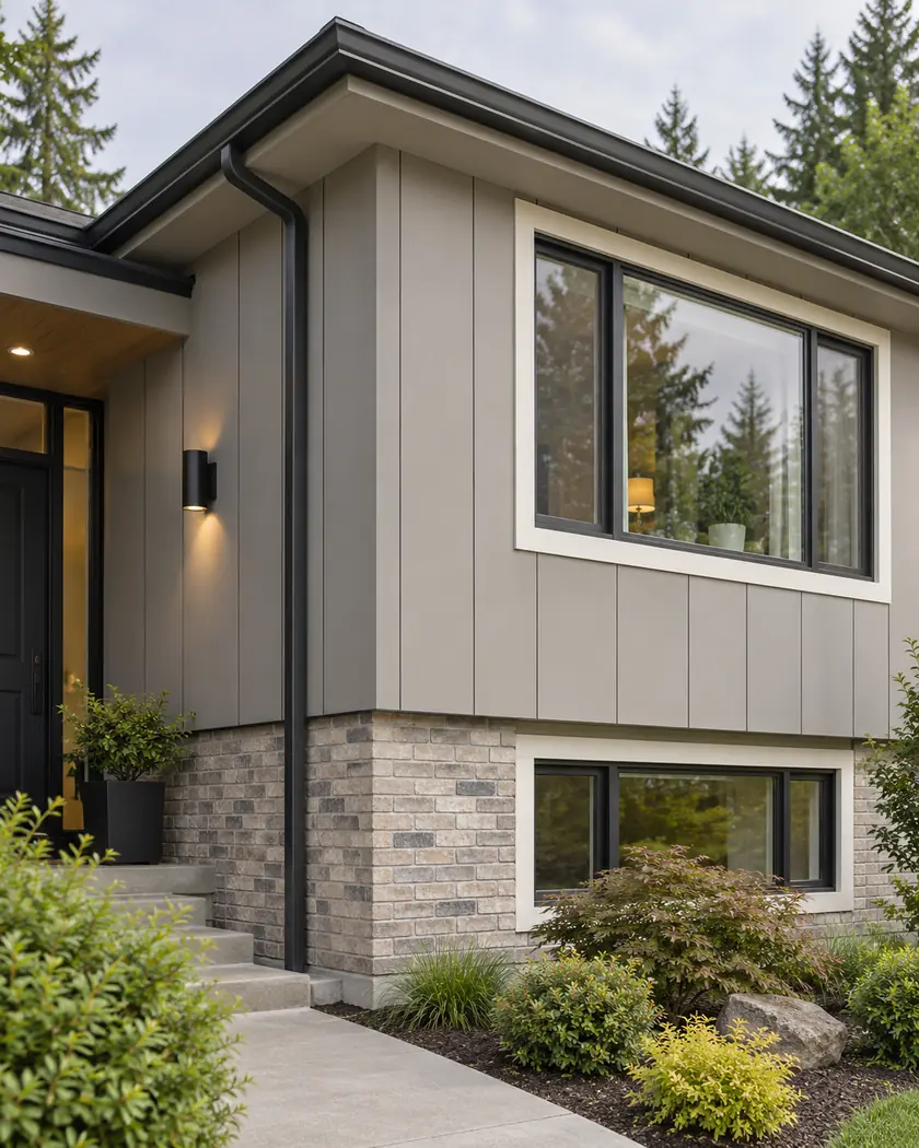Illustration of warm-gray fiber-cement panels, cream window returns, a black wall light and brick base