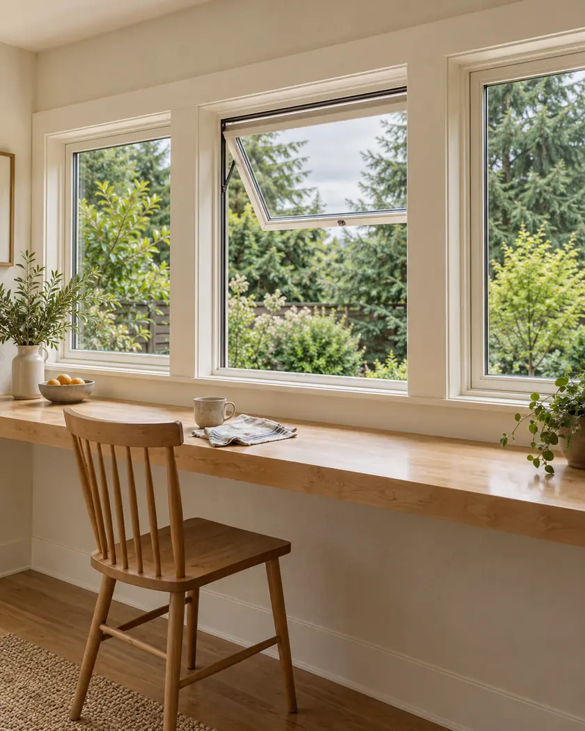 Illustration of cream-framed horizontal windows above a maple breakfast ledge in a quiet nook