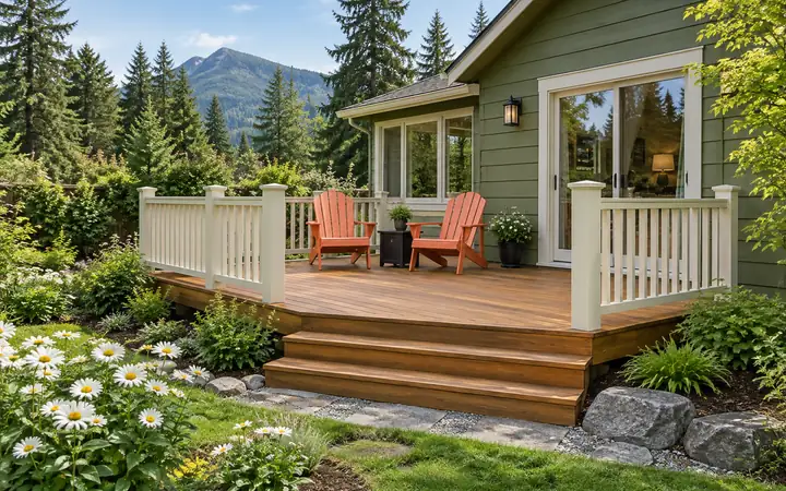 Honey-brown deck with cream picket rails and coral Adirondack chairs.