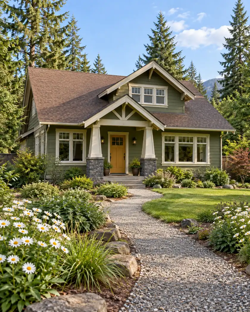 Moss-green Craftsman with a brown cross-gable roof, cream porch columns, ochre door and curved garden path.