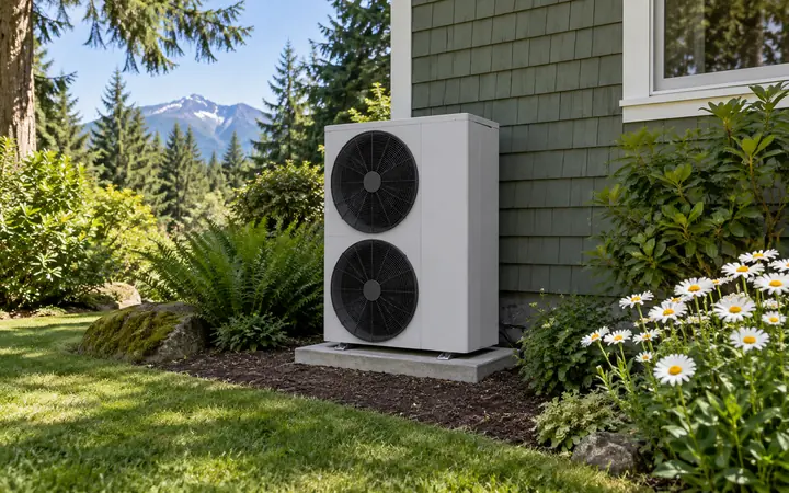 Pale-gray outdoor heat pump with two vertically stacked black front fans beside green shingle siding.