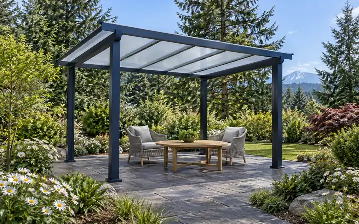 Navy four-post patio cover with an opal shed roof above pale woven chairs and an oval teak table.