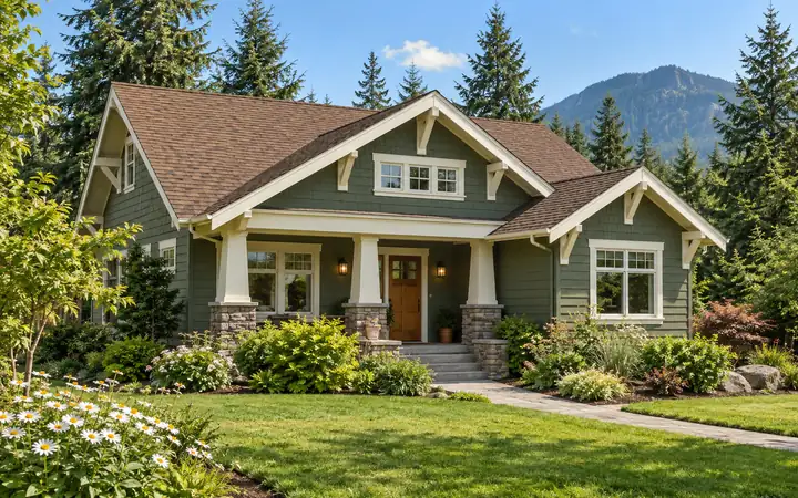Brown shingle cross-gable roof with cream eaves and triangular brackets above a moss-green house.