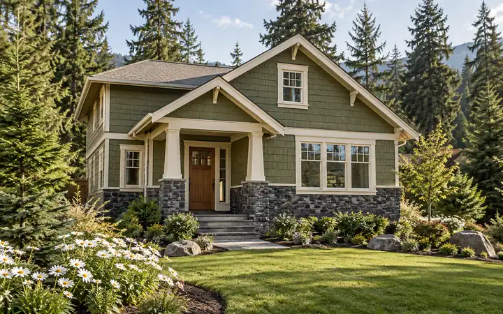 Moss-green shingle siding with cream trim above a dark basalt base beside white daisies.