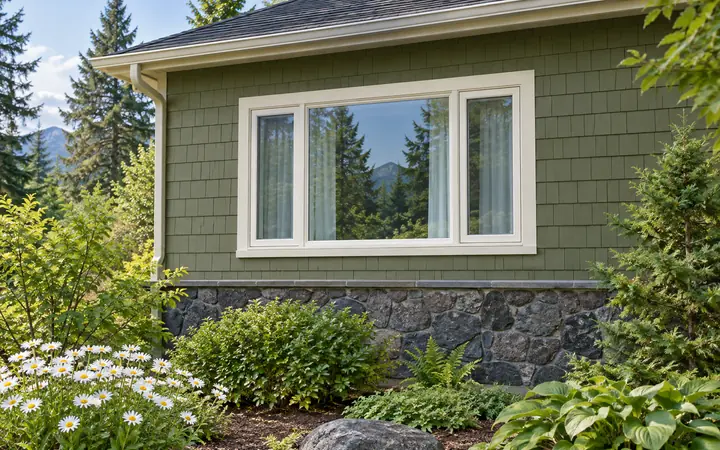 Cream-framed rectangular three-part window with pale curtains in a green shingle wall above dark stone.