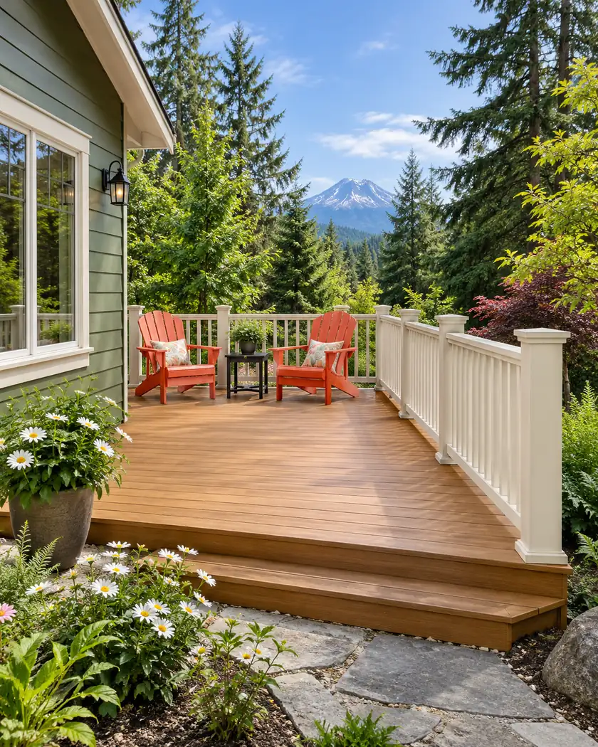 Honey-brown deck with cream picket rails and coral Adirondack chairs.