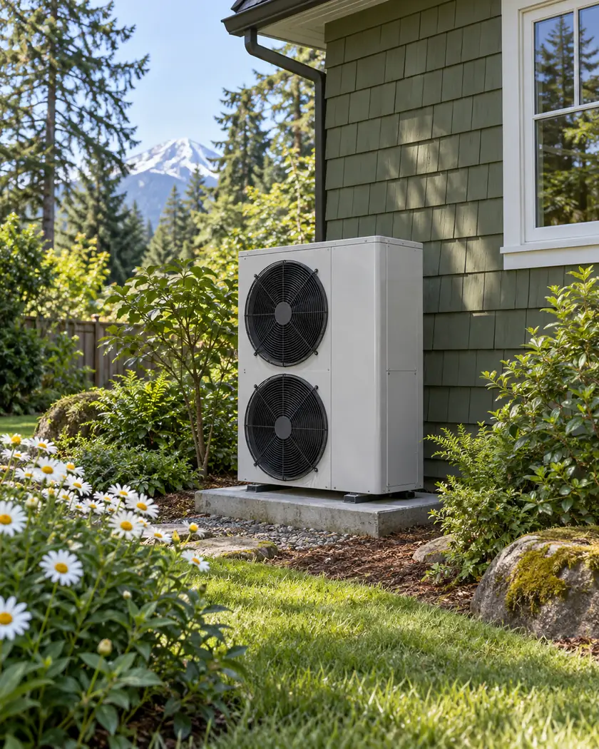 Pale-gray outdoor heat pump with two vertically stacked black front fans beside green shingle siding.